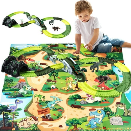 Anpro Dinosaur Toys Race Car Track Set for Kids, 250pcs Race Car Track Set Vehicle Playsets Dinosaur World Road Toys Flexible Track Playset for Boys Age 3+ Best Christmas Gift