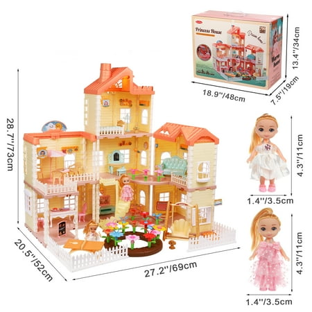 Anpro Huge Dollhouse for Girls, 3-Stories 7 Room Dollhouse Playset with Lights, 28.7"H Princess Doll House with Furniture & Asseccories, Best Gift for Age 3+ Girls, ABS Plastic, Pink