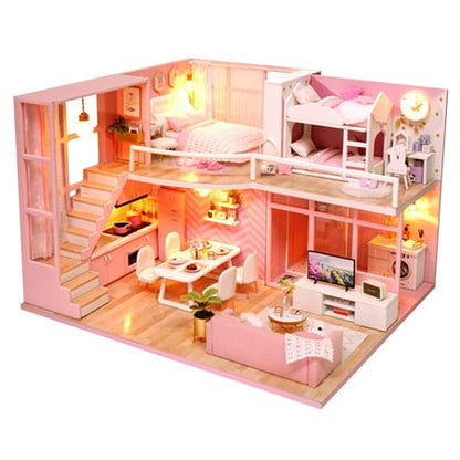 DIY Miniature Dollhouse Kit Realistic Mini 3D Wooden Loft Doll House Apartment with Furniture LED Lights Children's Day Birthday Gift Christmas Decoration