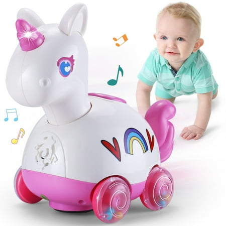 Yerloa Unicorn Musical Crawling Toys for Babies 6-12 Months, Tummy Time Baby Toys with Music and LED Light, Interactive Development Toy, 1 Year Old Gifts for Girls