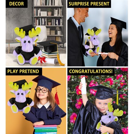 DolliBu Sitting Purple Moose Graduation Plush Toy - Super Soft Moose Graduation Stuffed Animal Dress Up with Gown and Cap with Tassel Outfit - Reward Celebration Grad Gift - 12 Inch