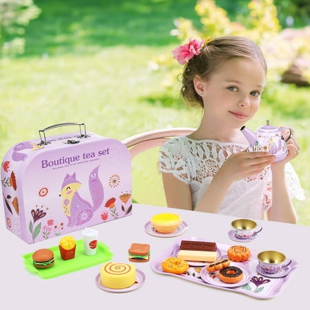 Anpro 31pcs Tea Set Toy for Little Girls, Princess Tea Time Toys Set Pretend Play Tea Set with Teapot Dishes Dessert Food & Carrying Case for Kids Girls Parties Role-Playing Games Christmas Gifts