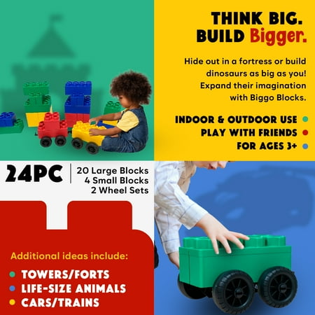 BiggoBlocks Jumbo Blocks — Big Blocks for Kids Ages 3-8 — Indoor & Outdoor Blocks for Kids Jumbo Games — Large Building Blocks (24 pc with 2 cars) Big City Set