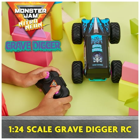 Monster Jam, Grave Digger Remote Control Monster Truck, 1:24 Scale, Nitro Neon Themed