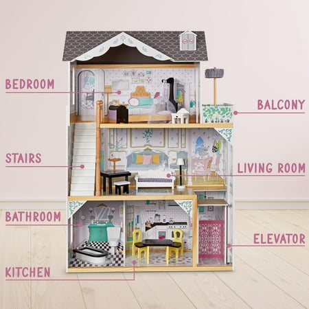 Lil' Jumbl Wooden Dollhouse Furniture,Set with Elevator, Balcony & Stairs, Kids Toy House Set