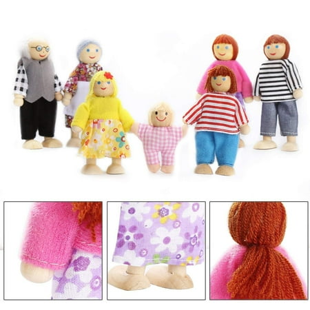 BESTSKY Kids Girls Lovely Happy Dolls Family Playset Wooden Figures Set of 7 People for Children Dollhouse Pretend Gift