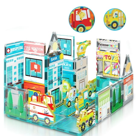 PicassoTiles 50 PC Metro City Themed, Magnetic Tiles, Magnetic Building Blocks for Kids, Magnet for Kids 3+