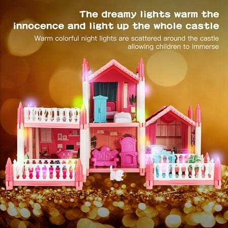 Anpro Pink Dollhouse Pretend Play Set for Kid, Big Villa Princess Castle, 5 Rooms Dollhouse with Doll Toy Figure for Boys and Girls Age 3+ Play House Gift Toys and Christmas Gift