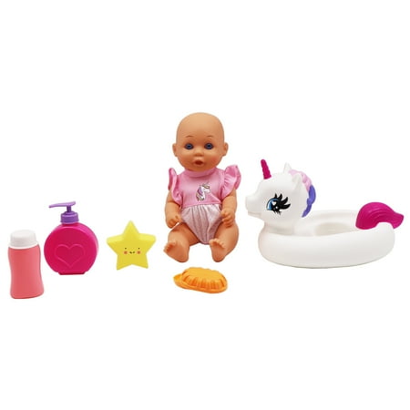 Dream Collection, Water Baby Doll in Unicorn Floater - Accessories for Realistic Pretend Play, Posable Soft Body, Star Toy, Lotion & Soap Case - 12