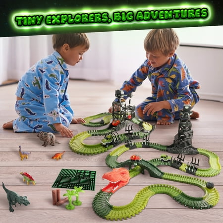 USA Toyz Dinosaur Dash Track STEM Set Toy, 6 Dinosaurs, LED Dino Car, 225 Piece Tracks for Kids Ages 3+