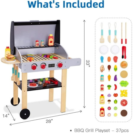 TOOKYLAND Wooden Play Kitchen BBQ - Toy Grill Set for Kids, Pretend Cooking Playset, 3 Year Old +