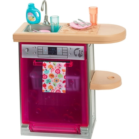 Barbie World Toy Dishwasher Set with 9 Dollhouse Kitchen Accessories Including Plates, Drying Rack, & More