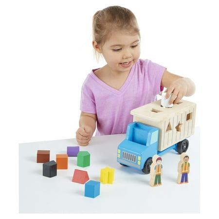 Melissa & Doug Shape-Sorting Wooden Dump Truck Toy With 9 Colorful Shapes and 2 Play Figures