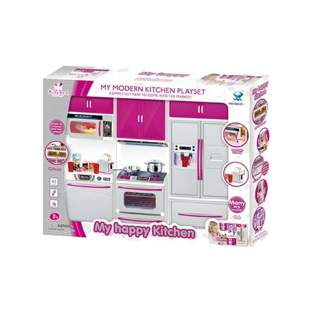 Kitchen Connection My Modern Kitchen Full Deluxe Kit Kitchen Playset: Refrigerator, Stove, Microwave - Pink & Silver-13.5" x 12"