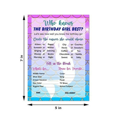 Mermaid Who Knows The Birthday Girl Best Game, Mermaid Themed Birthday Party Ideas, Fun Game For Sleepover, Play Pack of 30 Cards 5”x7”. Made in USA