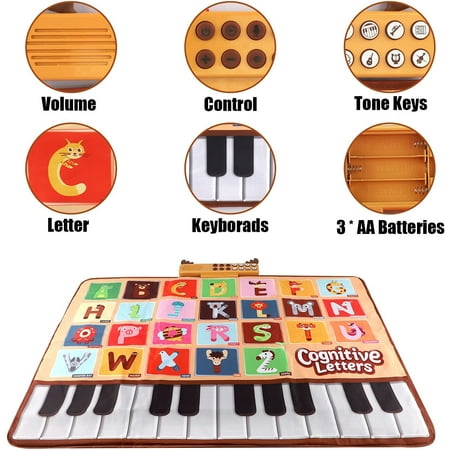 Allaugh Baby Piano Mat with 26 Letters,6 Instruments Sounds Animal Touch Keyboard Dance Mat, Floor Piano Mat Learning Toys for Boy Toddler - 1 PC