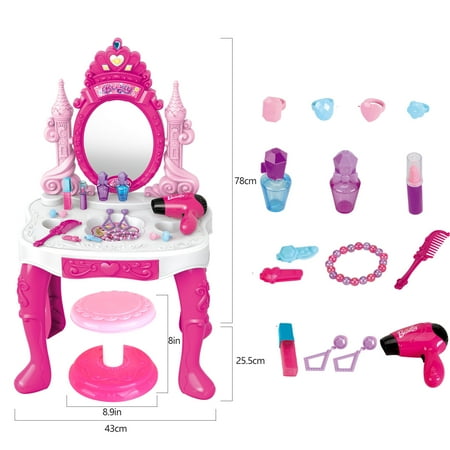 Jiakora Toddler Vanity Makeup Table with Mirror and Chair, Kids Pretend Play Vanity Set with Accessories and Lights and Music for 2-5 Years Old, Pink