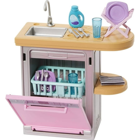 Barbie Indoor Doll House Furniture Set, Dishwasher with Counter & Kitchen Accessories