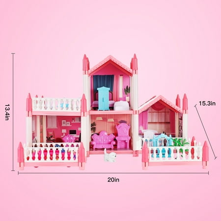 Anpro Pink Dollhouse Pretend Play Set for Kid, Big Villa Princess Castle, 5 Rooms Dollhouse with Doll Toy Figure for Boys and Girls Age 3+ Play House Gift Toys and Christmas Gift