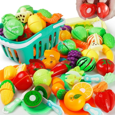 70 PCS Play Kitchen Pretend Food Cutting Toys for Girls 3-6 Years Kids Playset Accessories Fruit Vegetables Great Birthday Christmas Gifts