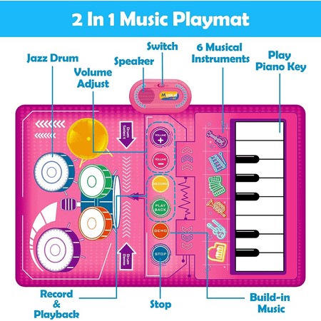 2 in 1 Musical Mat for Toddlers 1-3, Piano Keyboard & Drum Mat with 2 Drum Sticks, Musical Play Mat Toddler Toys Age 1-2, Baby Learning Toys for 1 Year Old Birthday Gifts for 1 2 3 Year Old Girls