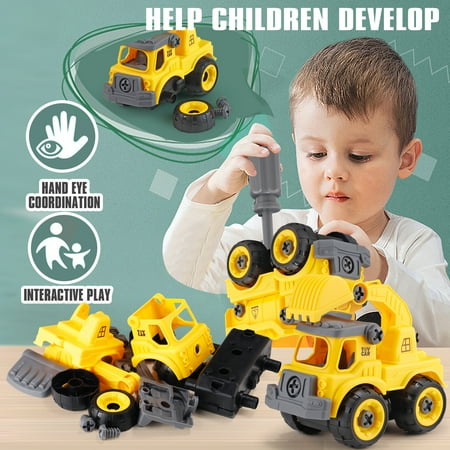 Take Apart Construction Trucks Toys for Boys 3-6 Years Cars Toys with Electric Drill and Map Kids STEM Building Toys