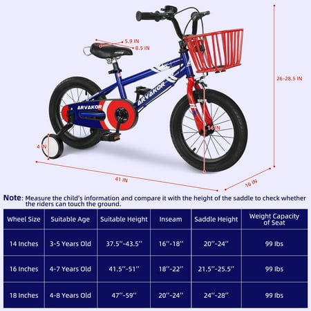 ARVAKOR Kids Bike Toddlers 14 Inch Wheel Bicycle Beginners Boys Girls Ages 3-8 Years, Blue