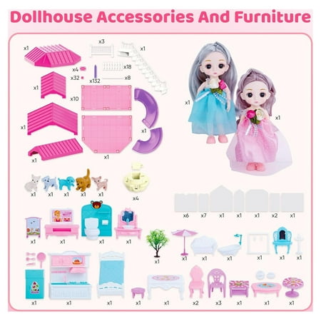 Beefunni Dollhouse, with Slide, Dolls and 11 Rooms, Creative Dollhouse Toys for Girls, Christmas Birthday Gifts for Girls 3 to 6 Year Old