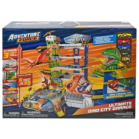 Adventure Force Ultimate Dino City Garage, Die-Cast Vehicle Playset, Multi-Color, Age 3+, 45" Length