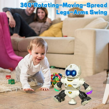 Lvelia Robot Toys for Babies,Electric Baby Toys for 1-3 Years Old Boy Rotating Robot Crawling Toys Light up & Musical Toys,Brown