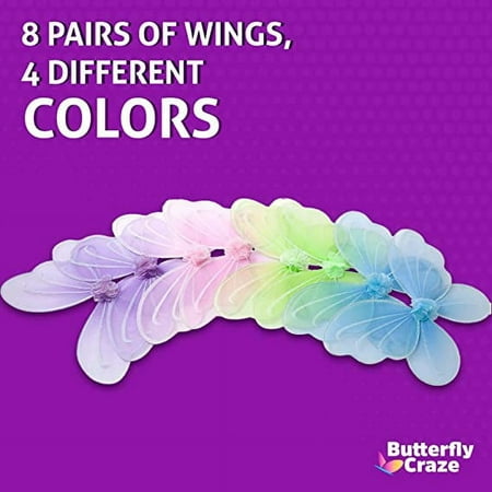 Butterfly Craze Girls' Fairy, Angel, or Butterfly Wings - Costume Accessories & Party Favors or Supplies, Make Your Little One's Birthday Party Special, in Shades of Blue, Green, Pink, and Purple, 8pc