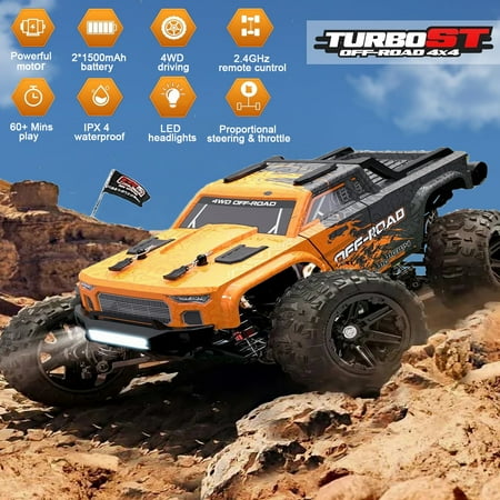 AUOSHI RC Cars 1:16 High Speed Remote Control Truck, 4WD All Terrain Off Road RC Truck 37+MPH with LED Lights, 2 Batteries for Kids and Adults Toy Gifts