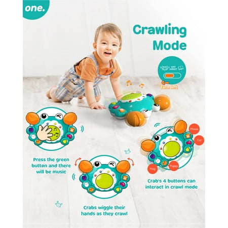 Auby Musical Crawling Crab Baby Toys 2 Year Old, Early Learning Educational Toy with Light & Sound, Press and Go Moving Toys for Baby, Tummy Time Toys for Toddlers Gift ,Crawling Crab Green Toy