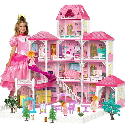 Hot Bee Dollhouse for Girls,4-Story 12 Rooms Playhouse with 2 Dolls Toy Figures,Pretend Doll House with Accessories,Gift Toy for Kids Ages 3 4 5 6