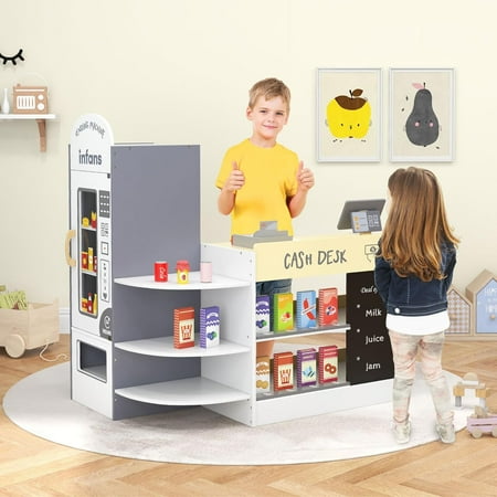 INFANS Kids Grocery Store Playset, Wooden Supermarket Toy Set with Cash Register, Vending Machine, Play Food Accessories, Blackboard, Pretend Play Store Gift for Toddler Boys Girls (Grey)