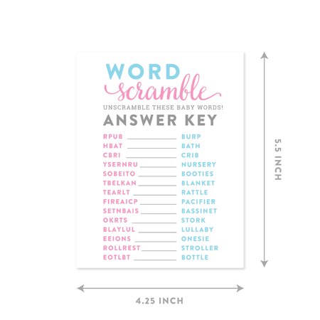 Koyal Wholesale Word Scramble Team Pink/Blue Gender Reveal Baby Shower Paper Games, Favors 20PC