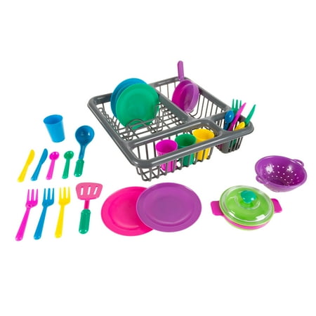 Kids Play Dish Set, 27 Piece Tableware Dish Set with Dish Drainer by Hey! Play!