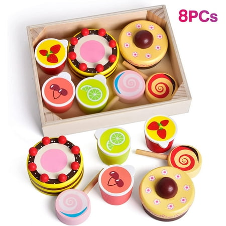 8 PCs Wooden Play Food for Kids Kitchen, Wooden Dessert Play Set for Kids, Pretend Play Food