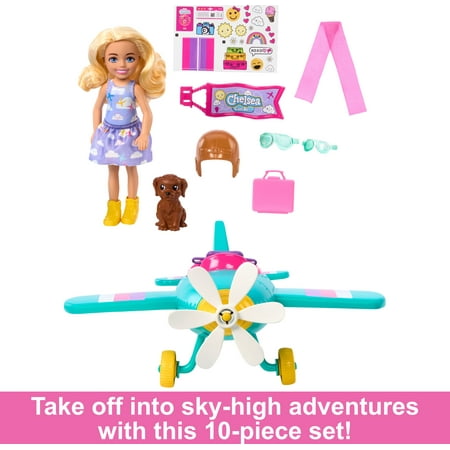 Barbie Chelsea Can Be... Plane Doll & Playset, 2-Seater Aircraft with Spinning Propellor & 7 Accessories