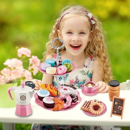 Ababeny Pretend Tea Party Set for Little Girls, 38 PCS Coffee Maker Set and Play Food Dessert Set for Kids Age 3 4 5 6 7 8 9（pink）