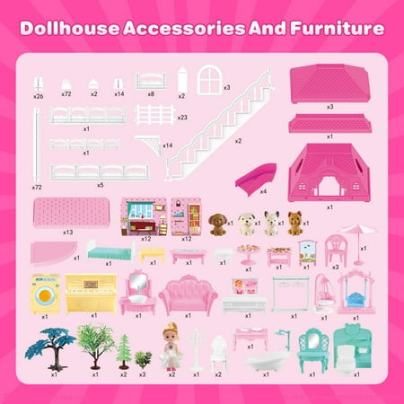 Hot Bee Dollhouse for Girls,4-Story 12 Rooms Playhouse with 2 Dolls Toy Figures,Pretend Doll House with Accessories,Gift Toy for Kids Ages 3 4 5 6