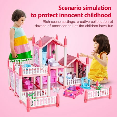 Anpro Pink Dollhouse Pretend Play Set for Kid, Big Villa Princess Castle, 5 Rooms Dollhouse with Doll Toy Figure for Boys and Girls Age 3+ Play House Gift Toys and Christmas Gift