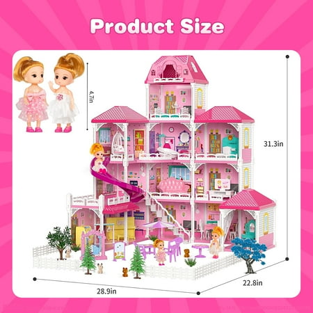 Hot Bee Dollhouse for Girls,4-Story 12 Rooms Playhouse with 2 Dolls Toy Figures,Pretend Doll House with Accessories,Gift Toy for Kids Ages 3 4 5 6