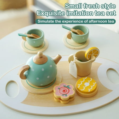 Evjurcn 14Pcs Tea Set Toy Wooden Pretend Play Tea Party Set Learning Role Play Funny Dessert Food Kid Playset Interactive Simulation Teacup Toy for Toddler Girls Boys