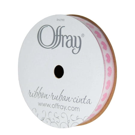 Offray Ribbon, Pink 3/8 inch Hearts Woven Ribbon, 9 feet