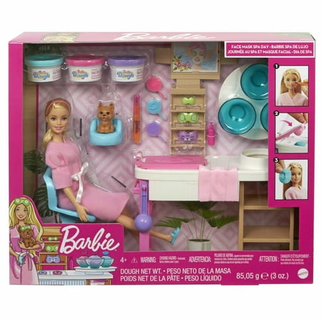 Barbie Face Mask Spa Day Playset, Blonde Doll & 10+ Accessories Including Puppy, Mask Mold & Dough