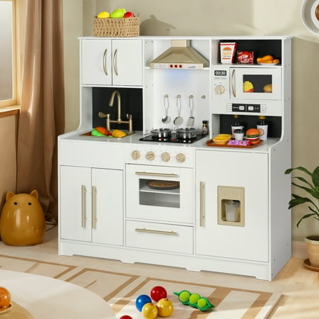 AILEEKISS Wood Kids Play Kitchen, Pretend Toy Kitchen Playset for Children with Lights&Sounds, Black