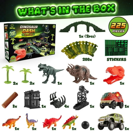 USA Toyz Dinosaur Dash Track STEM Set Toy, 6 Dinosaurs, LED Dino Car, 225 Piece Tracks for Kids Ages 3+