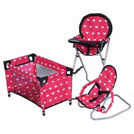 The New York Doll Collection High Chair, Bouncer and Pack N Play Doll Accessories, 3 Pieces