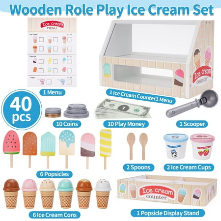 Wooden Ice Cream Counter Playset for Kids, Toddler Girl Toys Kitchen Playset Pretend Play Gifts for 3 4 5 6 Year Old Girl or Boy, Play Food Scoop and Serve, Play Kitchen Sets for Kids Ages 4-8